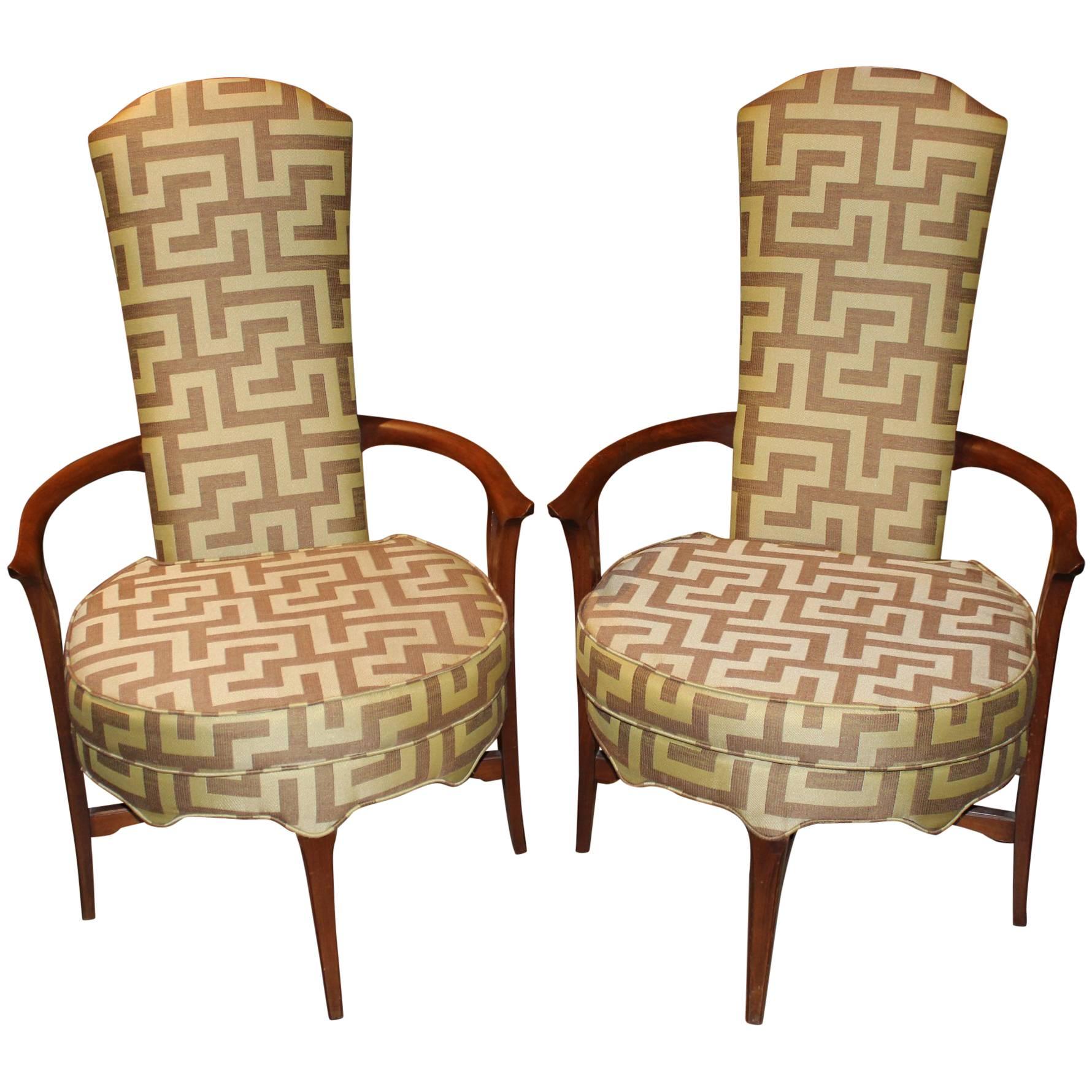 Pair of Danish Mid-Century Modern High Back Round Upholstered Armchairs