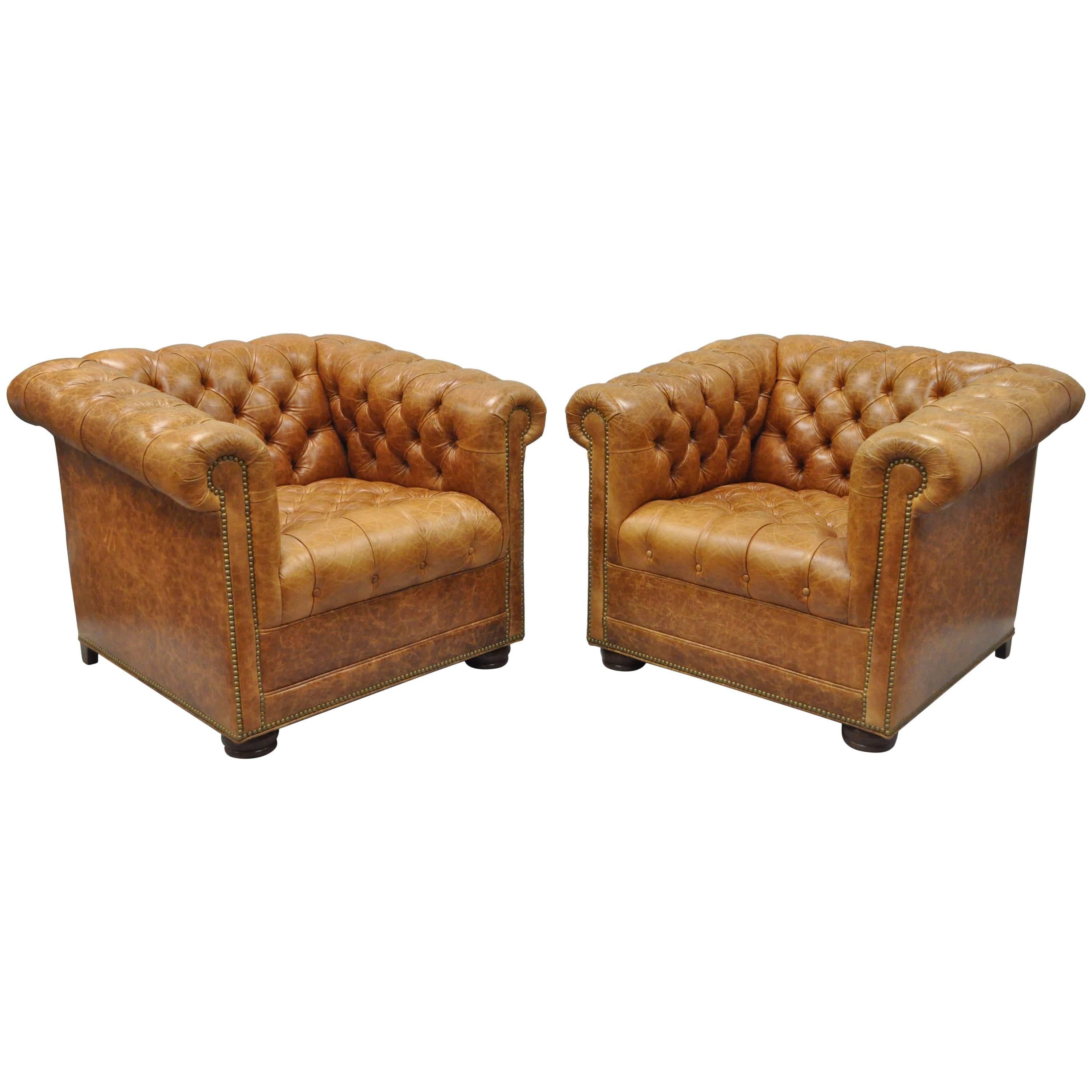 Pair of Leathercraft Tufted Chesterfield Cognac Leather Lounge Club Chairs