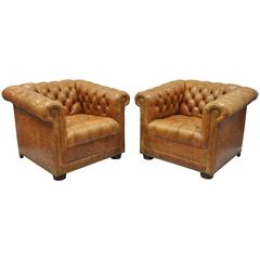 Pair of Leathercraft Tufted Chesterfield Distressed Cognac Leather Lounge Chairs 12