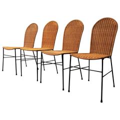 Set of Four Mid-Century Rattan and Iron Chairs