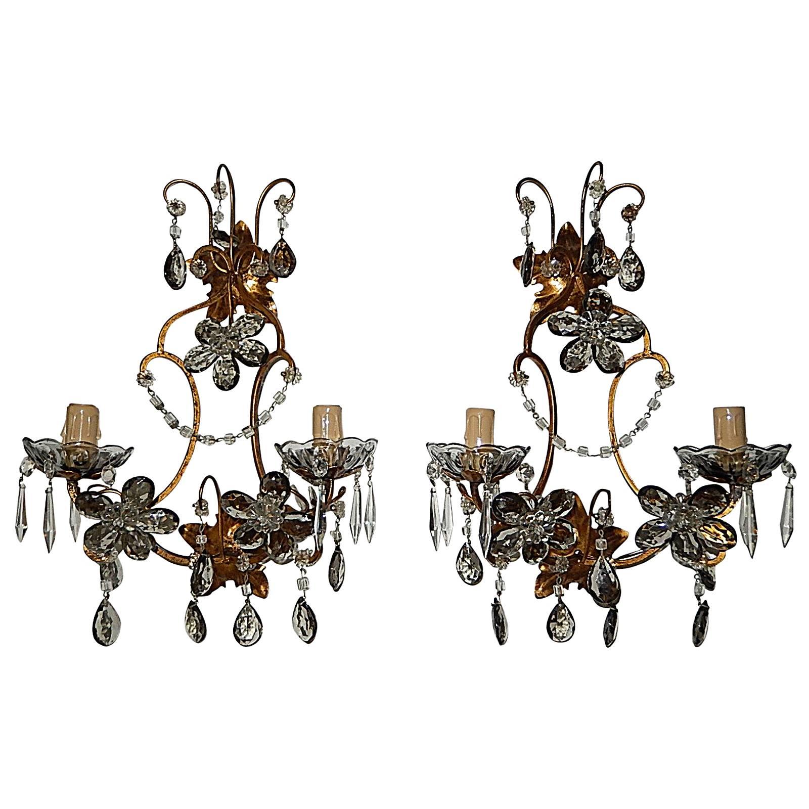 1920 French Bagues Style Fume Prism Flowers Sconces