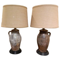 Pair of Italian Terracotta Oil Jars Adapted as Lamps, 19th Century