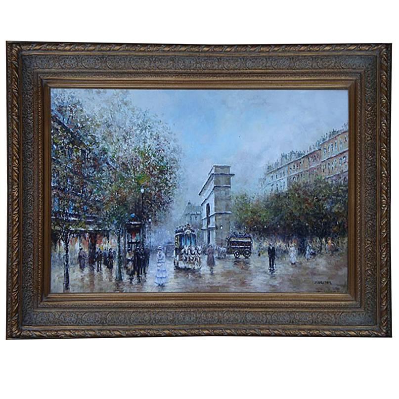 Rare Sutton Place Estate Framed Early Paris Street French Painting Jaques Gaston For Sale