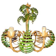 1950 French Faux Bamboo Palm Tole Chandelier
