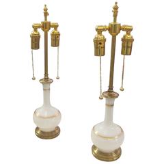 Pair of French Opaline Glass Lamps on Brass Stand