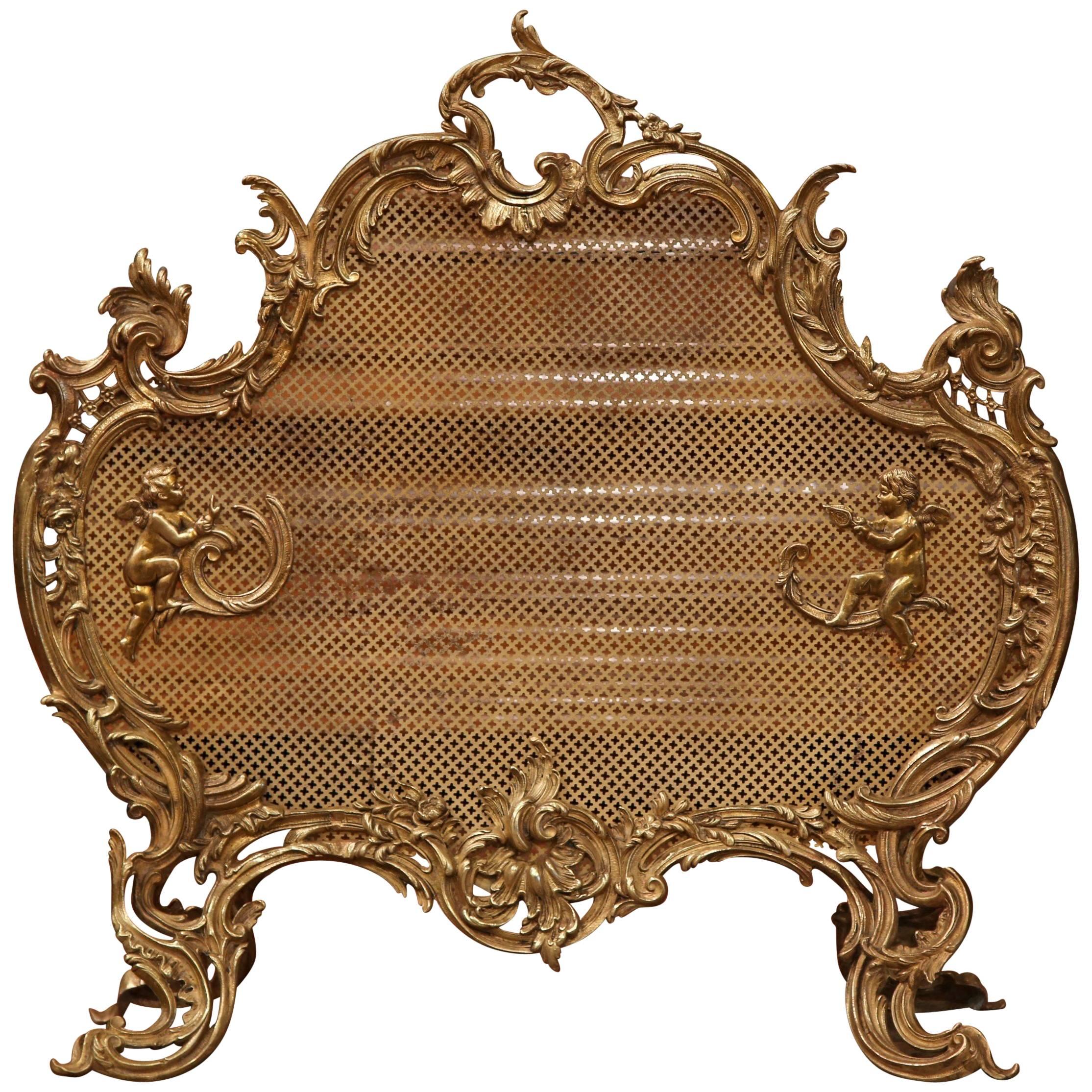 Mid-19th Century French Louis XV Carved Bronze Screen with Cherubs
