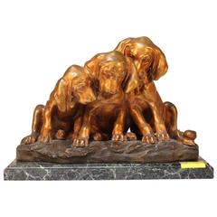 French Gilded Bronze Sculpture Depicting Three Dogs and a Snail