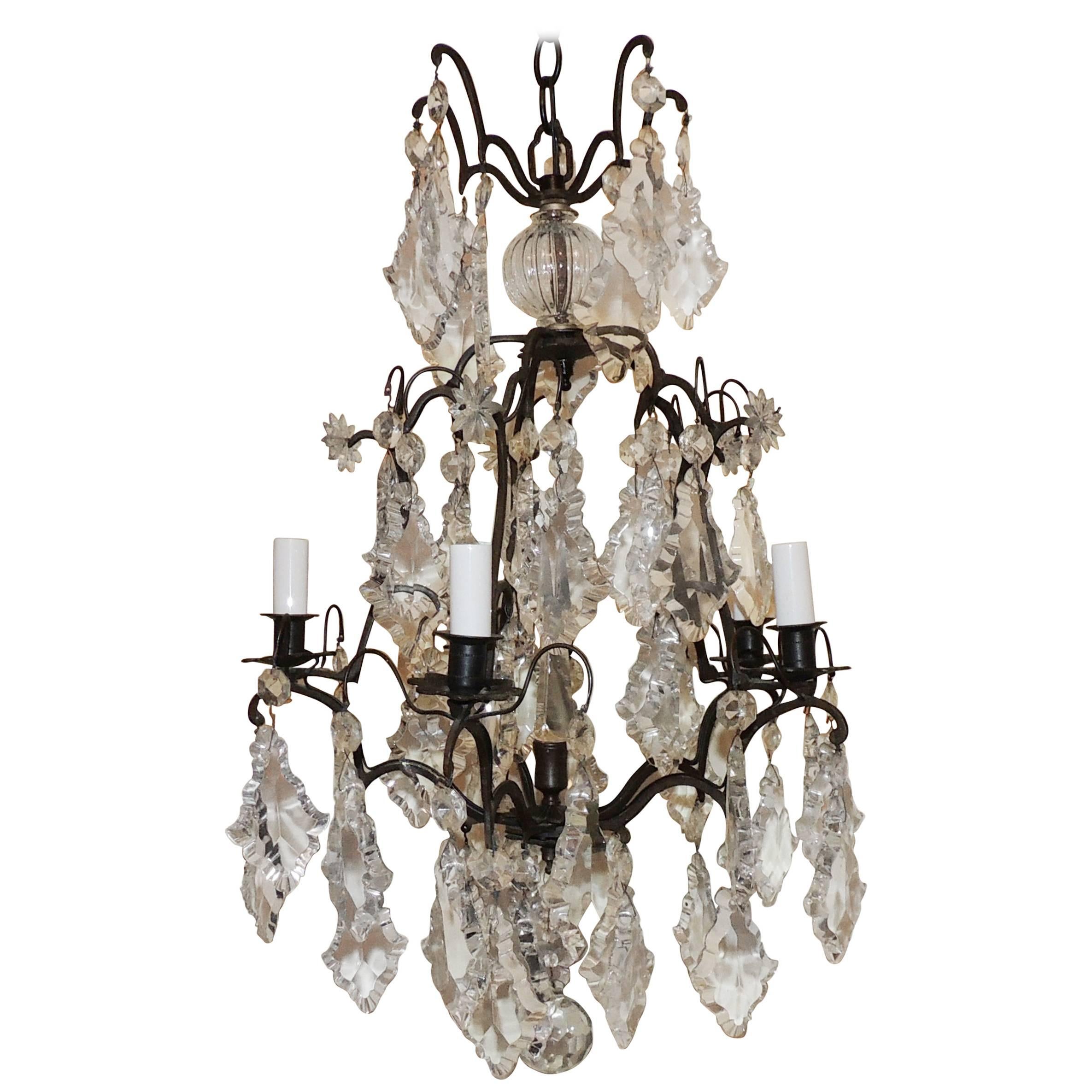 Charming French Patinated Bronze Crystal Five-Light Chandelier Bird Cage Fixture For Sale