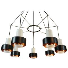 Large Italian Stilnovo MidCentury Solid Copper and Opaline Chandelier Light