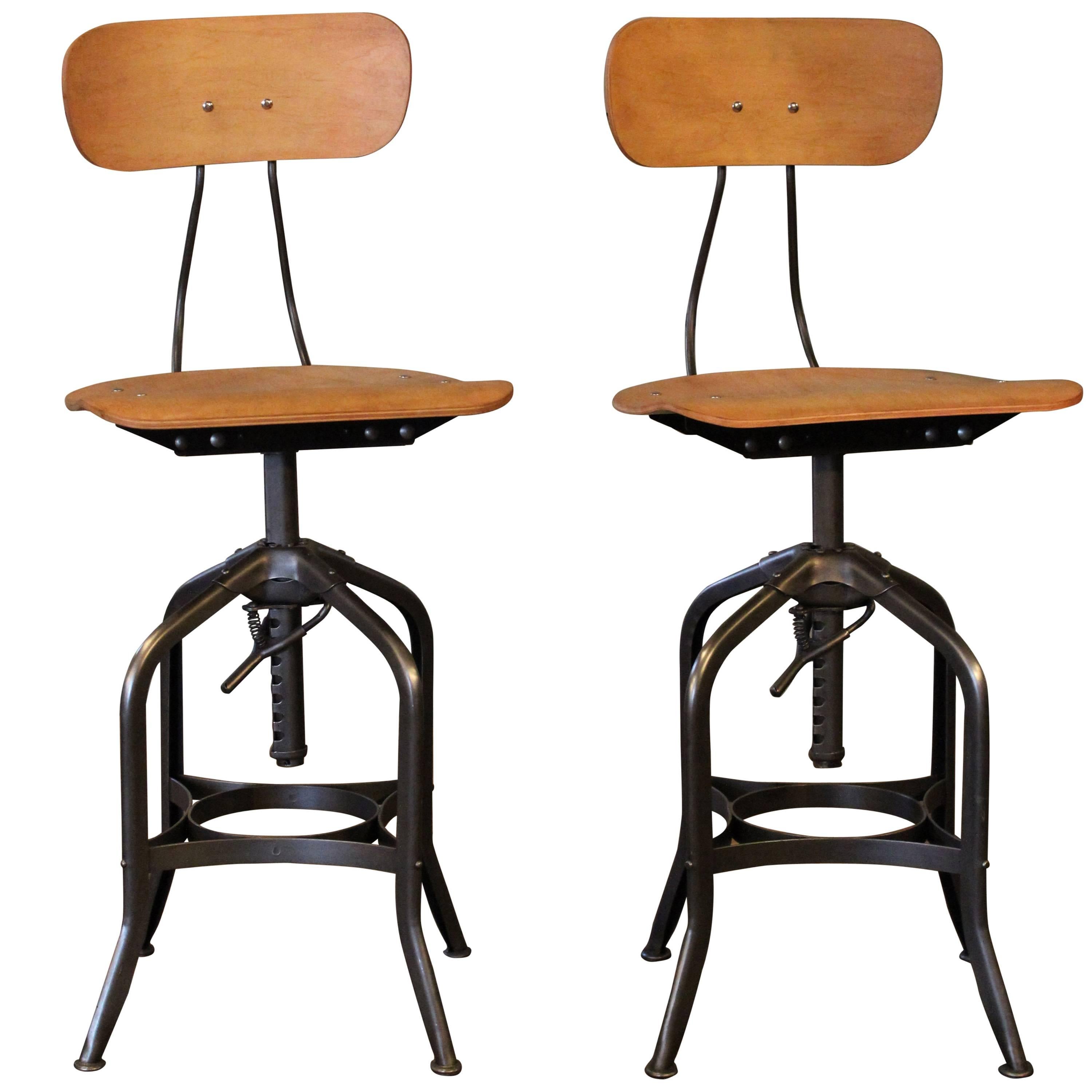 Pair Bar Stools - Bent Plywood Vintage Industrial Toledo Adjustable Chairs