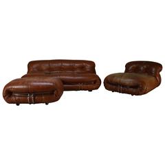 Afra & Tobia Scarpa Distressed Leather Soriana Sofa, Chaise and Ottoman Set