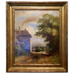 Continental "Conversing Outside a Cottage" Oil on Canvas, Late 19th Century