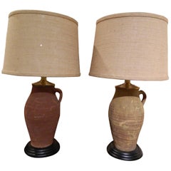 Retro Pair of Italian Terracotta Oil Jars Adapted as Lamps, 19th Century