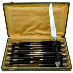 Used French Sterling Silver Ebony Dinner Knife Set of 12 Pieces Box, Empire