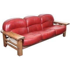 Mid-Century Modern Red Leather Sofa by Hämeen Kalustaja, Finland, 1970's