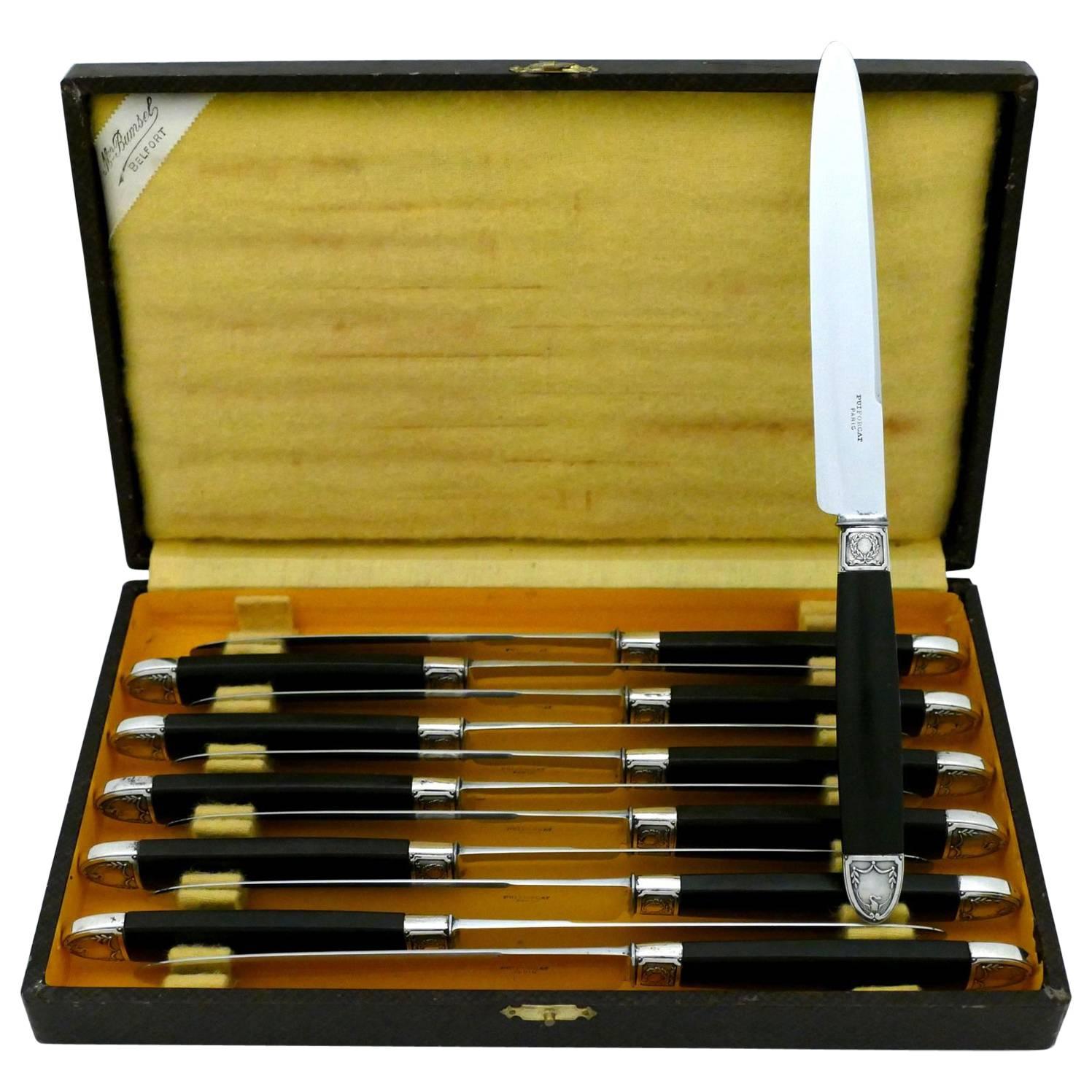 Puiforcat Rare French Sterling Silver Ebony Dinner Knife Set of 12 Pieces, Swans