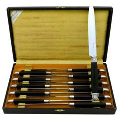Used Puiforcat Rare French Sterling Silver Ebony Dinner Knife Set of 12 Pieces, Swans