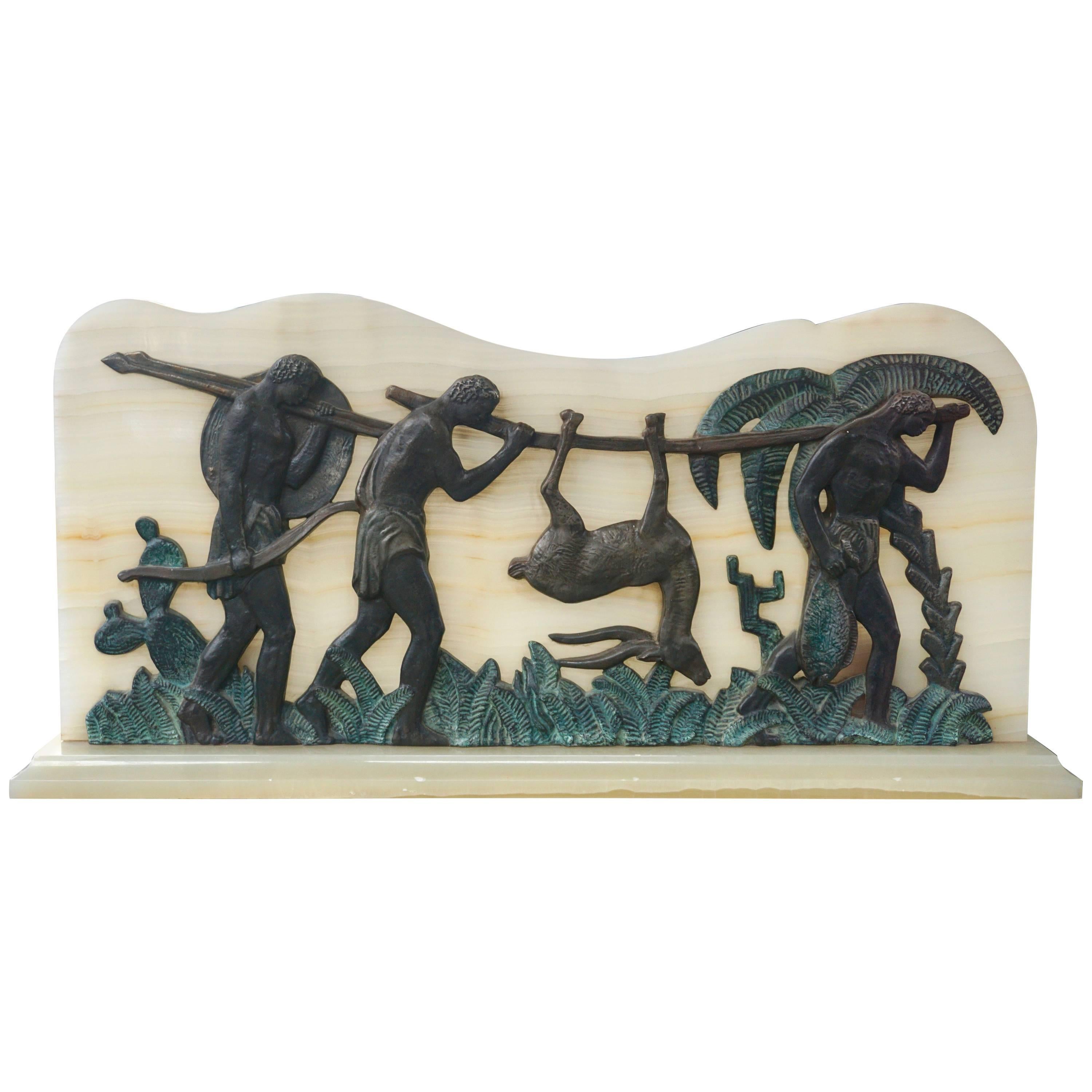 Art Deco Bronze and Onyx Hunting Sculpture For Sale