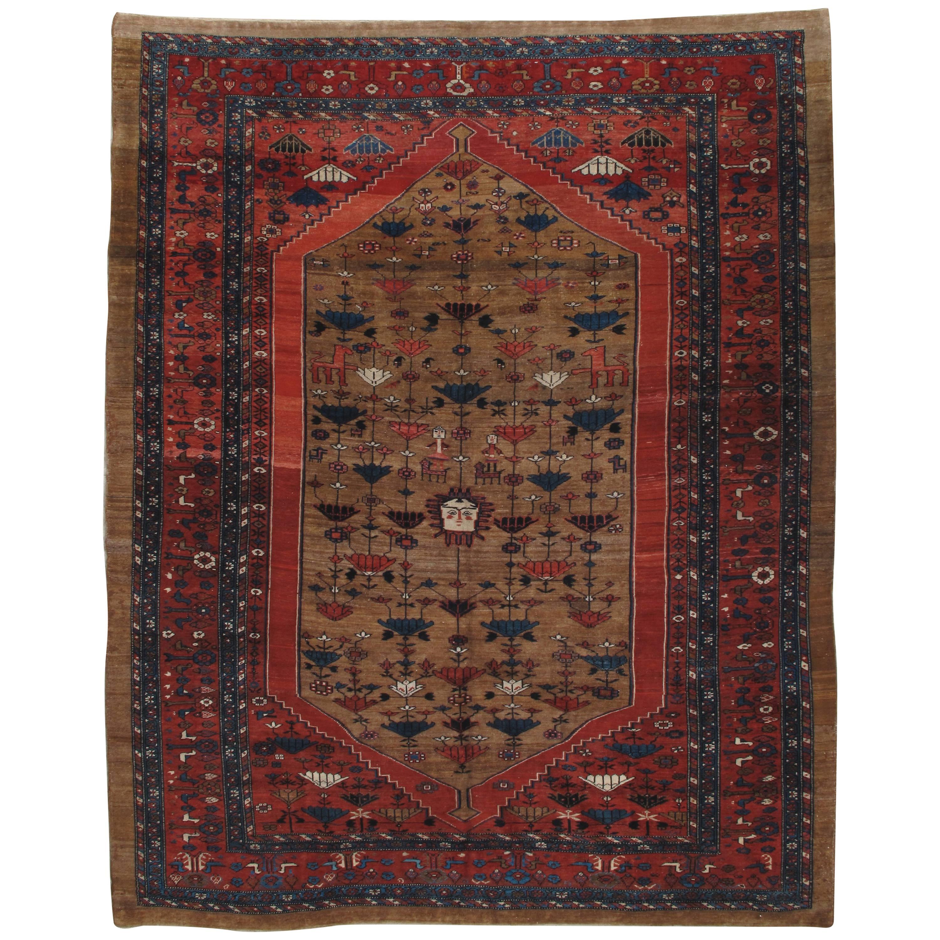 Antique Bakshaish Carpet, Oriental Persian Handmade in Brown, Blue and Red
