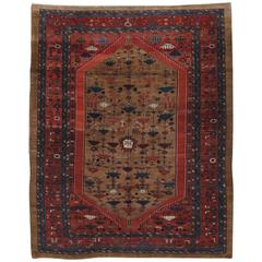 Antique Bakshaish Carpet, Oriental Persian Handmade in Brown, Blue and Red