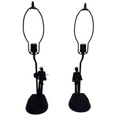 Sculptural Mid-Century Pair of Blackened Metal Musician Lamps
