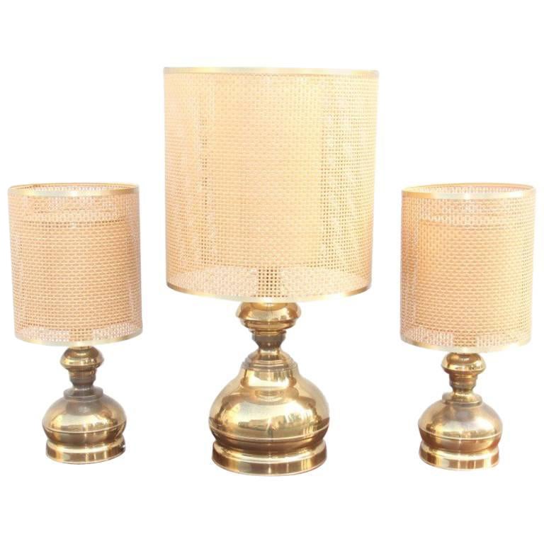 Triptych of Brass Lamps with Thatched Dome For Sale