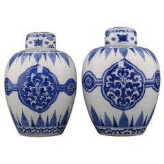 Antique Chinese Porcelain Blue and White Pair Ovoid Jars and Covers, Kangxi