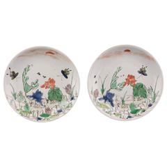 Chinese Porcelain Famille Verte Saucer Dishes, Cranes and Butterflies, Kangxi