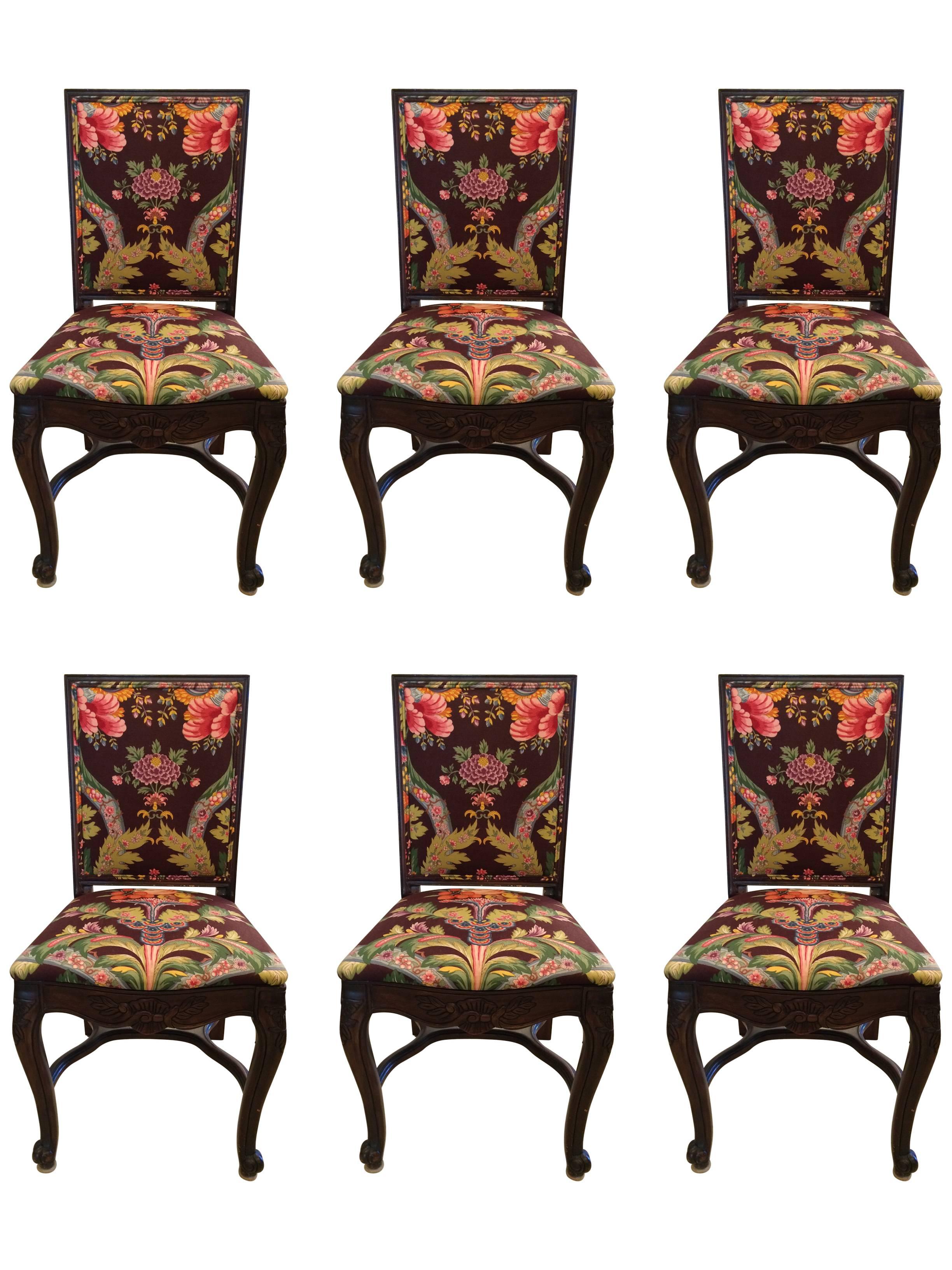 Set of Six Carved Mahogany Dining Chairs with Brunschwig and Fils Upholstery