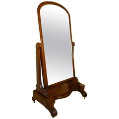 Large Victorian Mahogany Cheval Mirror, Arched Top & Carved Feet, Original Glass