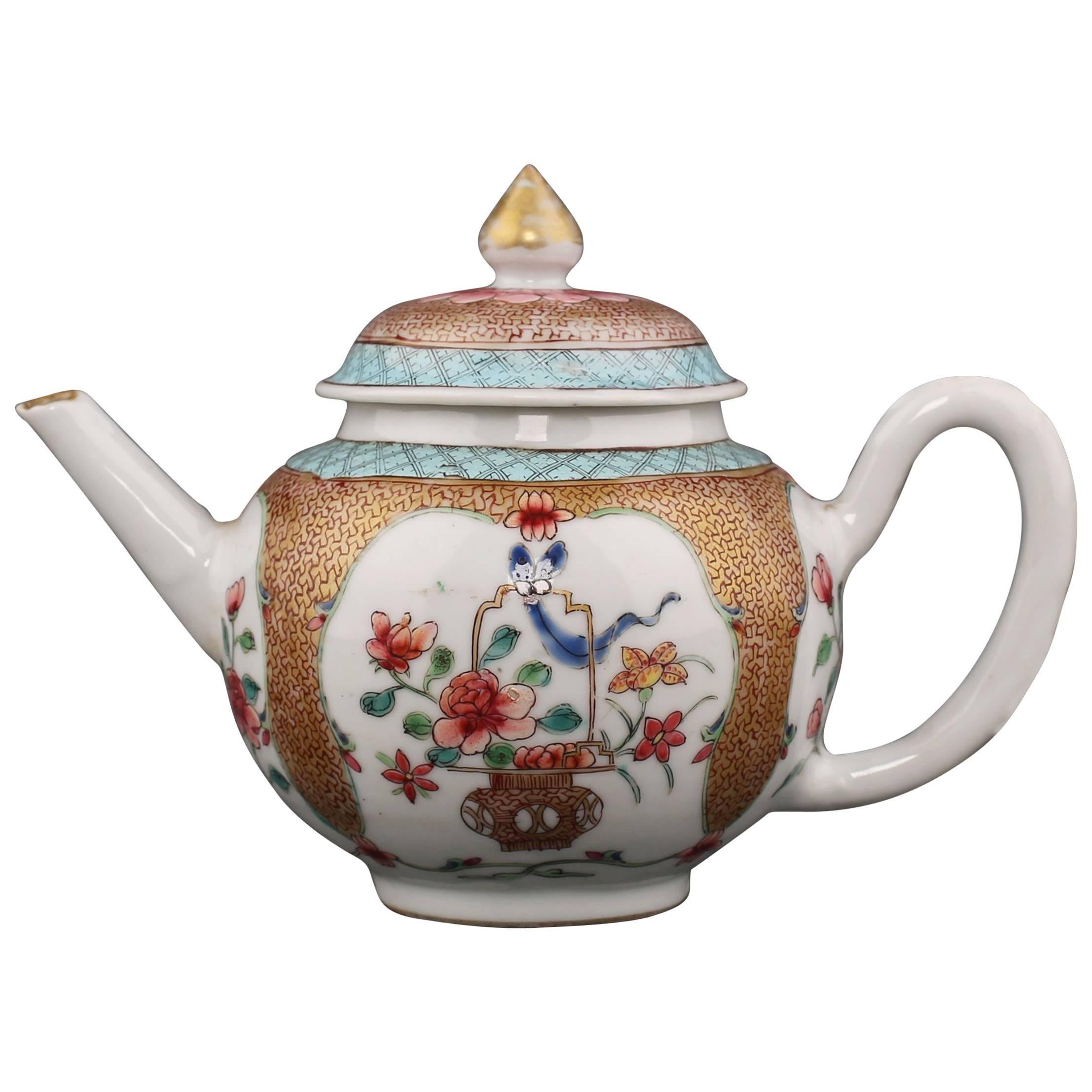Chinese Porcelain Famille Rose Teapot and Cover, Basket of Flowers, Yongzheng For Sale