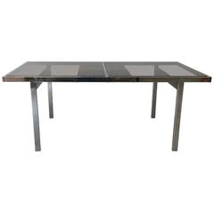 1970s Milo Baughman Chrome Extendable Dining Table with Smoked Glass Panes
