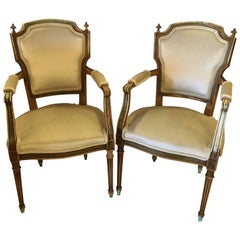 Maison Jansen Stamped Pair of Distressed Louis XVI Style Armchairs