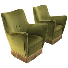Green Velvet Armchairs, 1950s, Set of Two