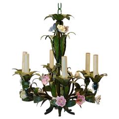 Painted Tole Floral Chandelier with Porcelain Painted Flowers, circa 1950s