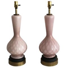 1960s Italian Pink Murano Glass and Brass Lamps, Pair