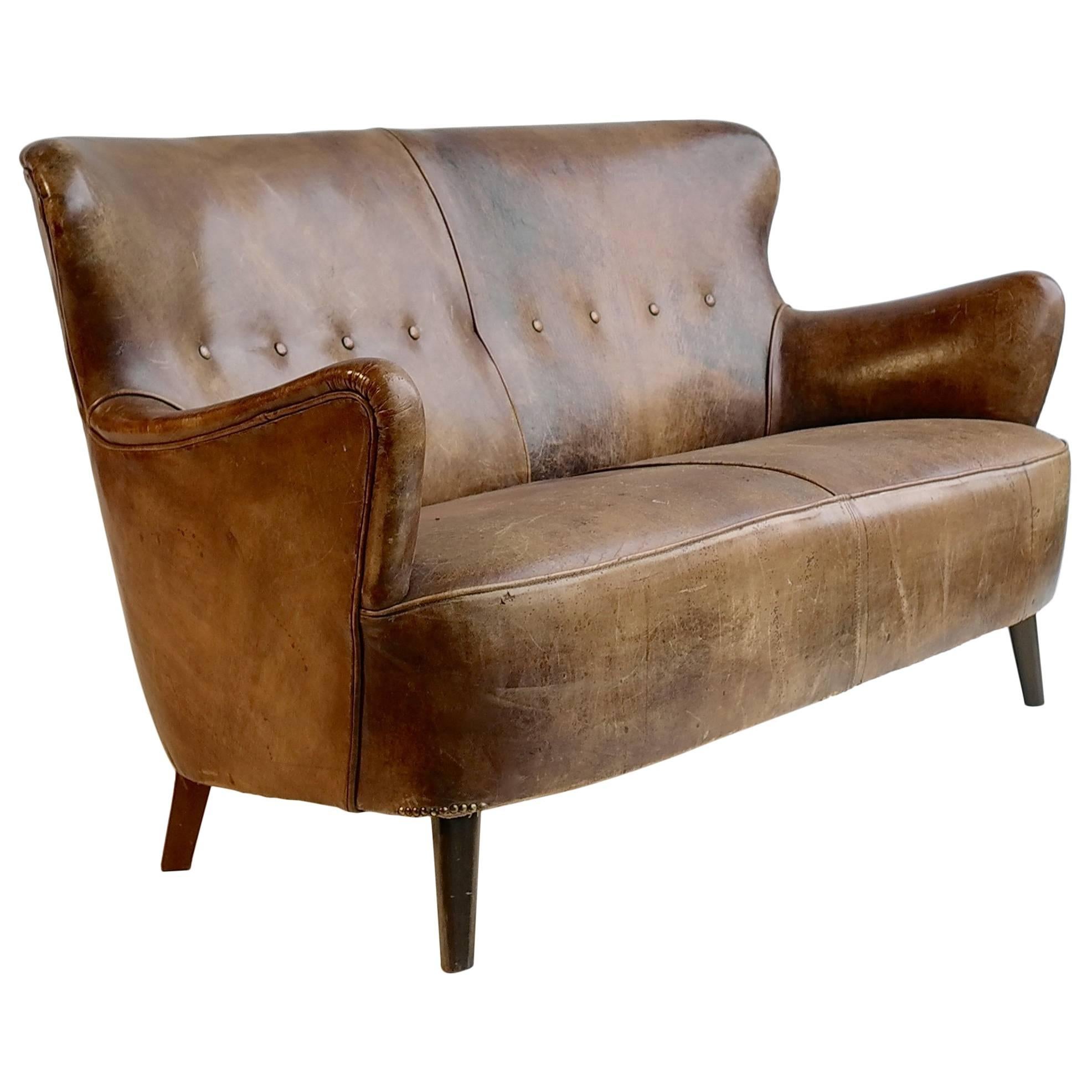 Cognac Leather Sofa with a Rich Patina, by Theo Ruth for Artifort