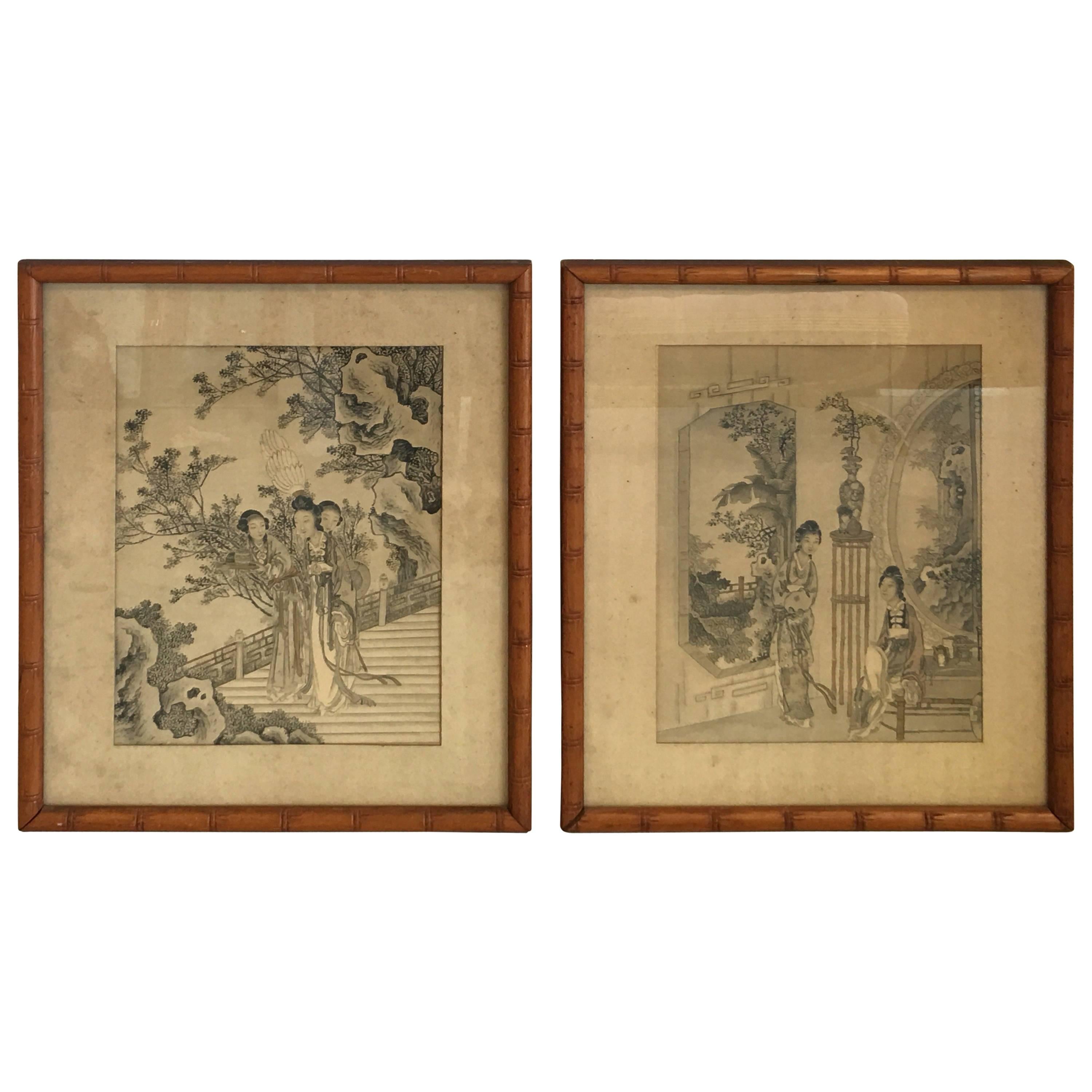 1930s Asian Women In Ornate Scenery Prints With Faux Bamboo Frames 1930s Asian Women In Ornate Scenery Prints With Faux Bamboo Frames Pair At 1stdibs