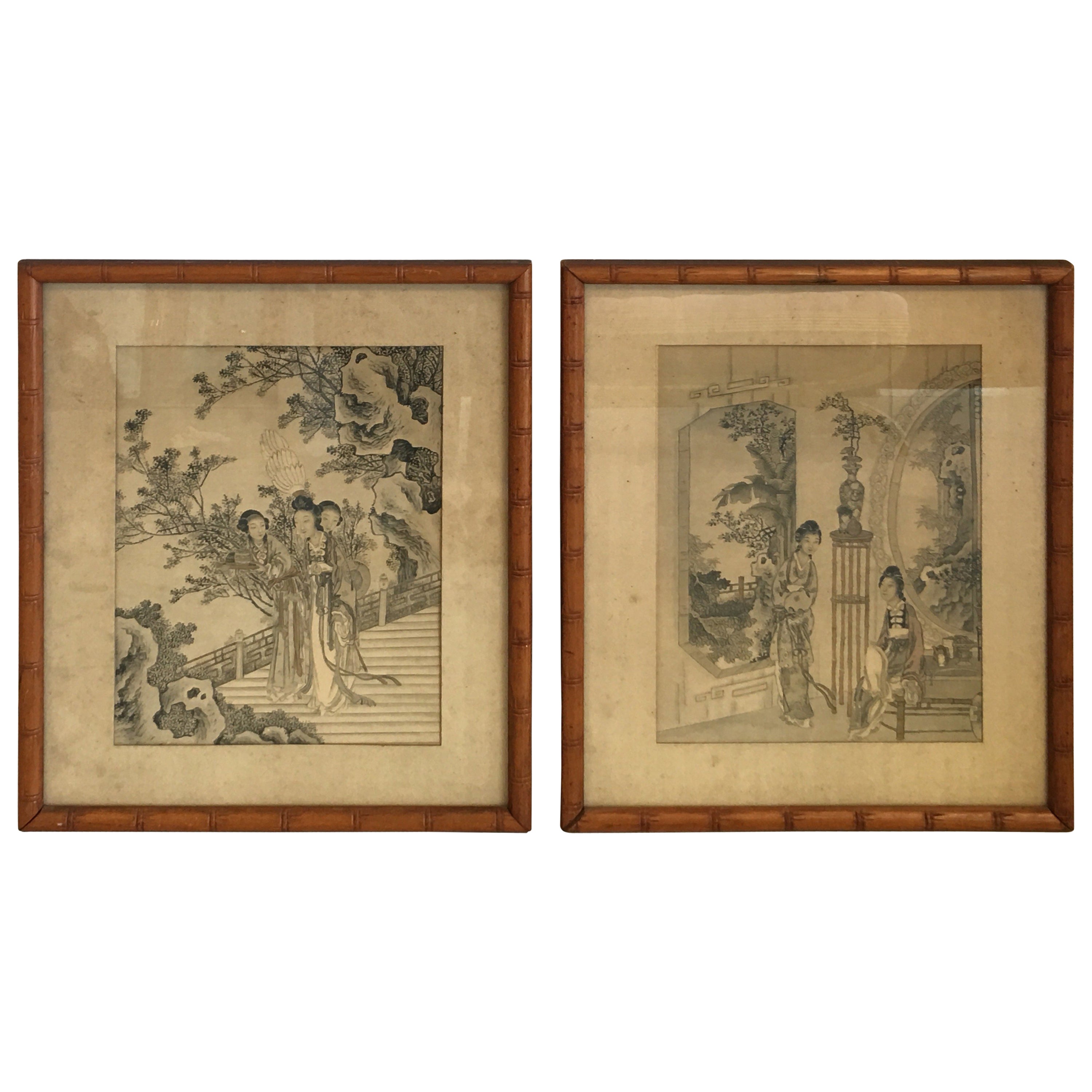 1930s Asian Women In Ornate Scenery Prints With Faux Bamboo Frames 1930s Asian Women In Ornate Scenery Prints With Faux Bamboo Frames Pair At 1stdibs