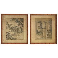 1930s Asian Women in Ornate Scenery Prints with Faux Bamboo Frames, Pair