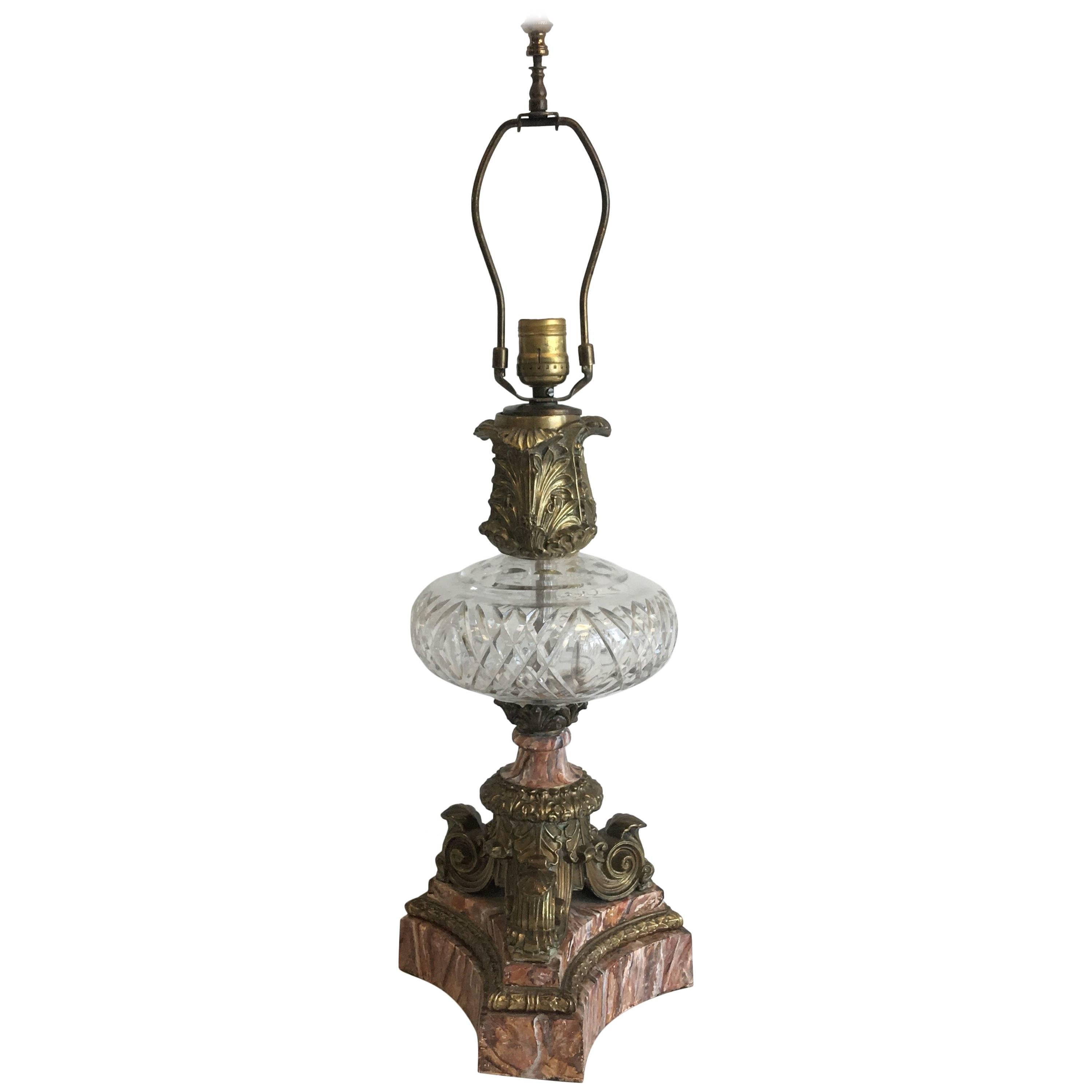 1930s Art Nouveau Bronze, Marble and Crystal Lamp For Sale