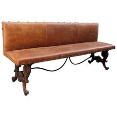 18th Century Italian Baroque Leather Hall Bench with Hand Forged Nail Heads