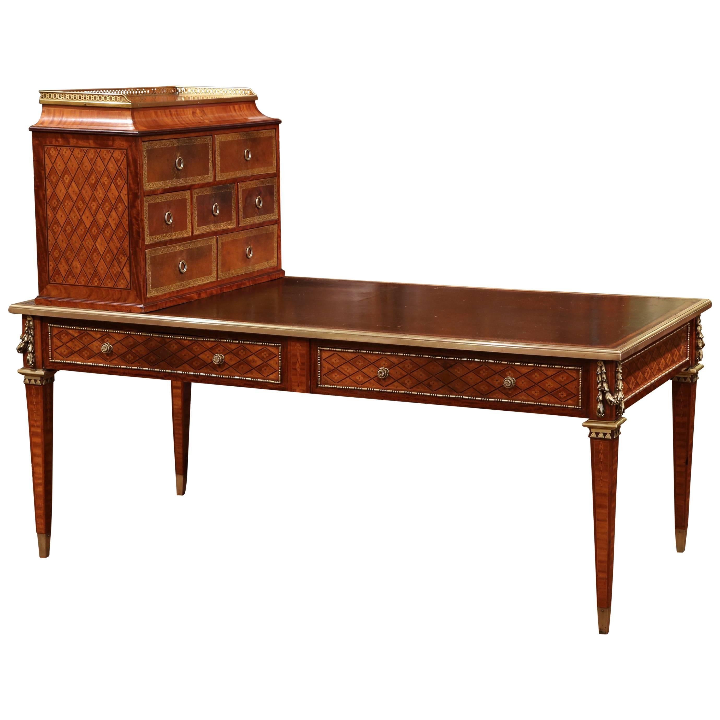 19th Century French Louis XVI Writing Desk with Black Leather Top and Cartonnier