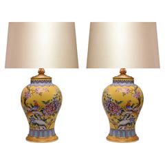 Pair of Yellow Ground Famille Rose Porcelain Lamps 3