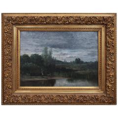 19th Century French Barbizon School Oil on Canvas in Period Frame 12