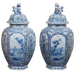 Antique Pair of 19th Century Delft Lidded Jars