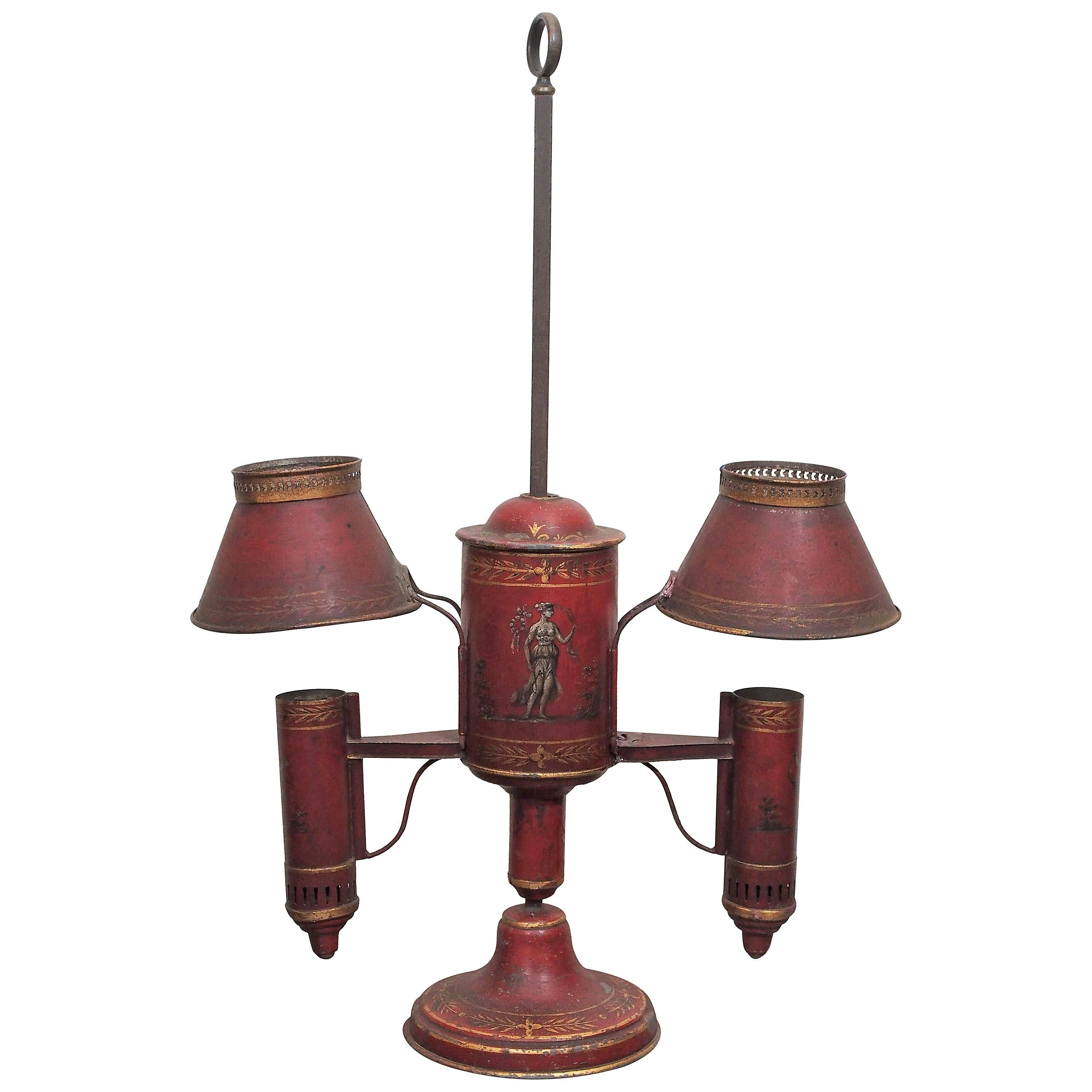 French Red Tole Painted Student Lamp For Sale