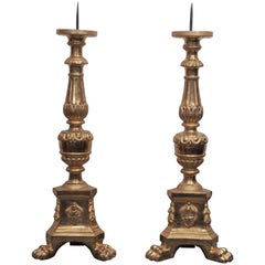 Pair of Italian Giltwood Altar Candlesticks with Sacre Coeur