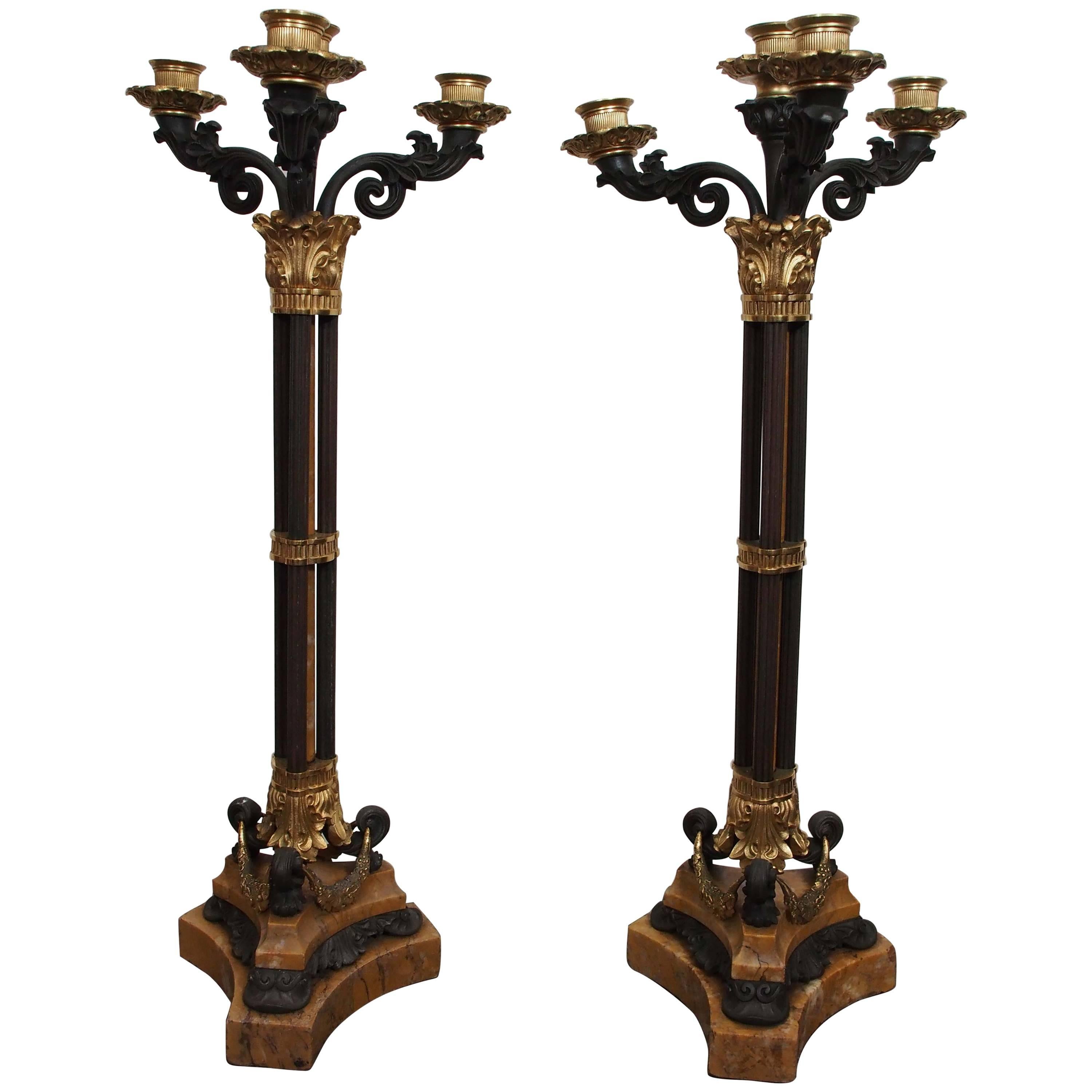 Pair of Bronze and Sienna Marble Charles X Candelabra