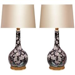 Pair of Black Ground Famille Verte Porcelain Lamps 12